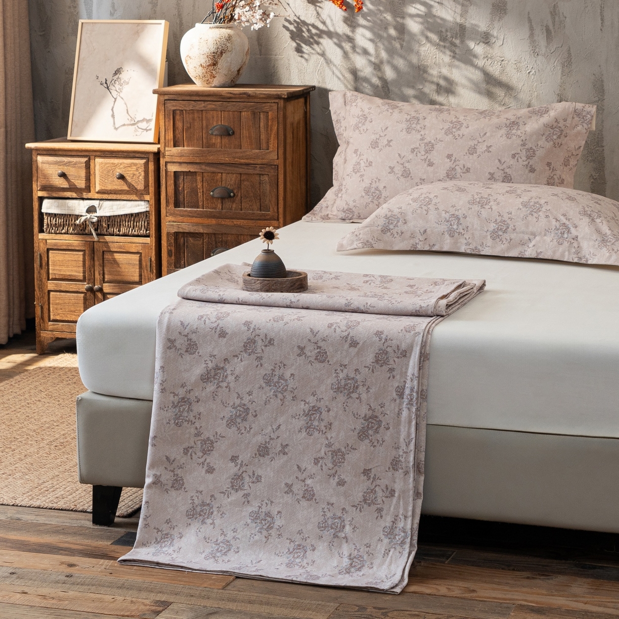 91家纺网 家纺一手货源 找家纺 凌云家纺 2026新款直播爆款复古风棉麻提花老粗布床单席子凉席三件套 曼塔玫瑰