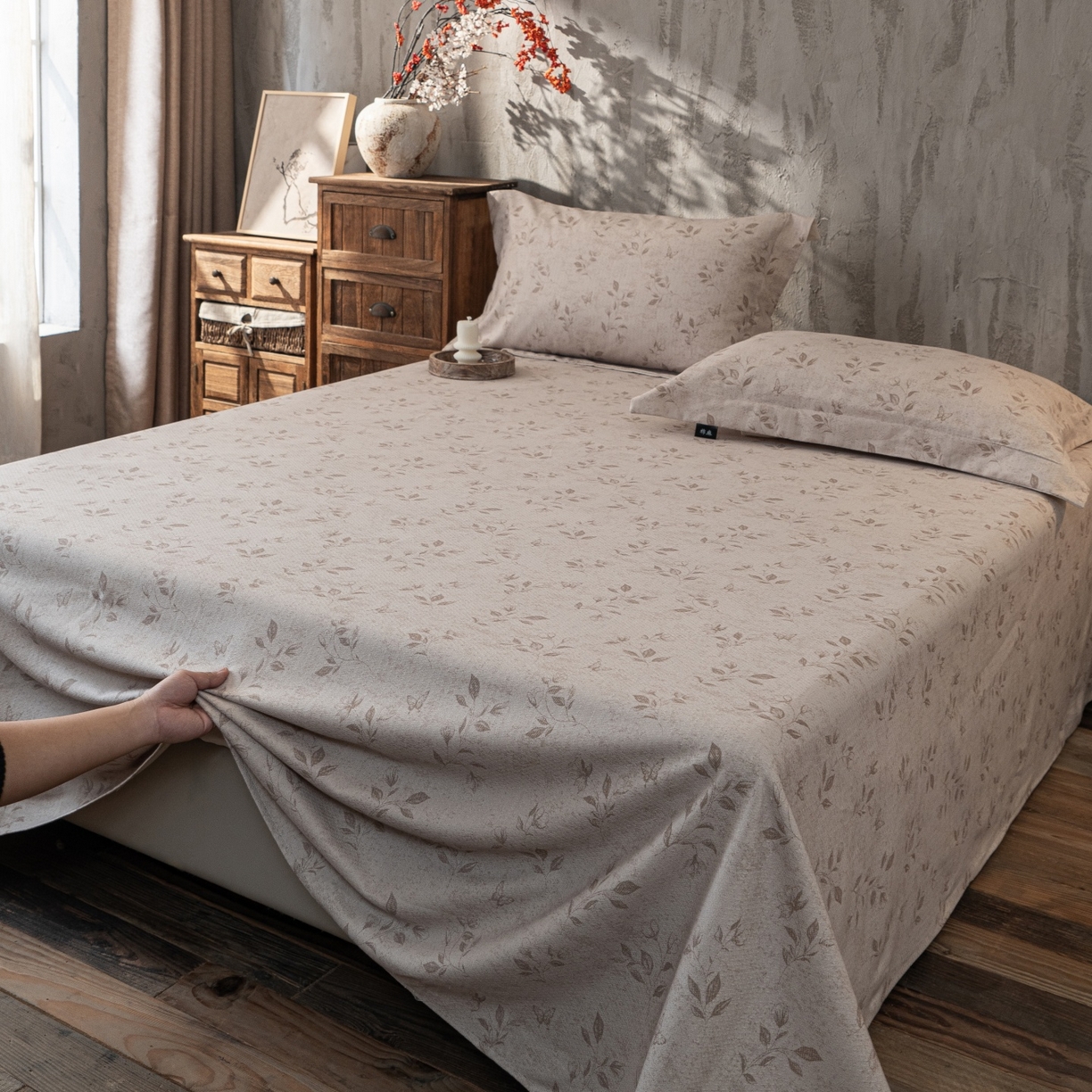 91家纺网 家纺一手货源 找家纺 凌云家纺 2026新款直播爆款复古风棉麻提花老粗布床单席子凉席三件套 花蝶