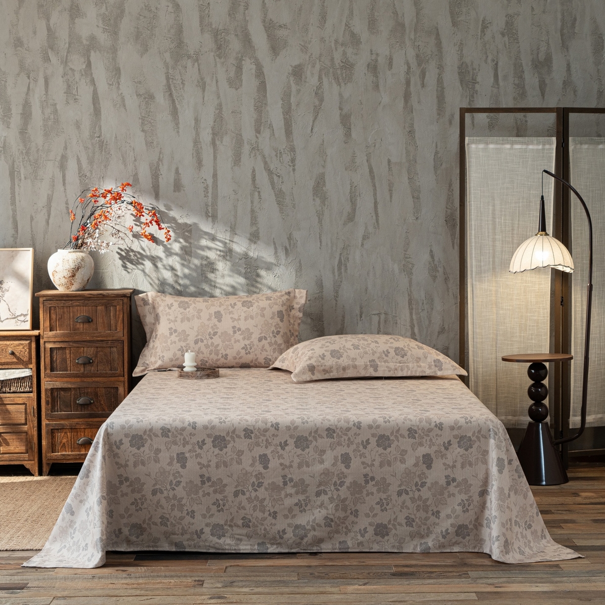 91家纺网 家纺一手货源 找家纺 凌云家纺 2026新款直播爆款复古风棉麻提花老粗布床单席子凉席三件套 藤花间