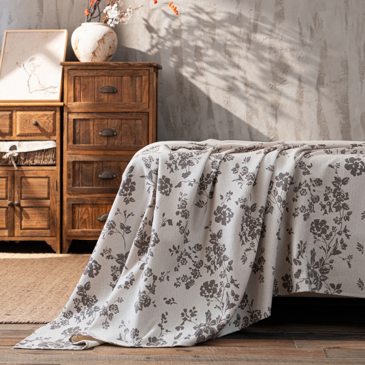 91家纺网 家纺一手货源 找家纺 凌云家纺 2026新款直播爆款复古风棉麻提花老粗布床单席子凉席三件套 暗香