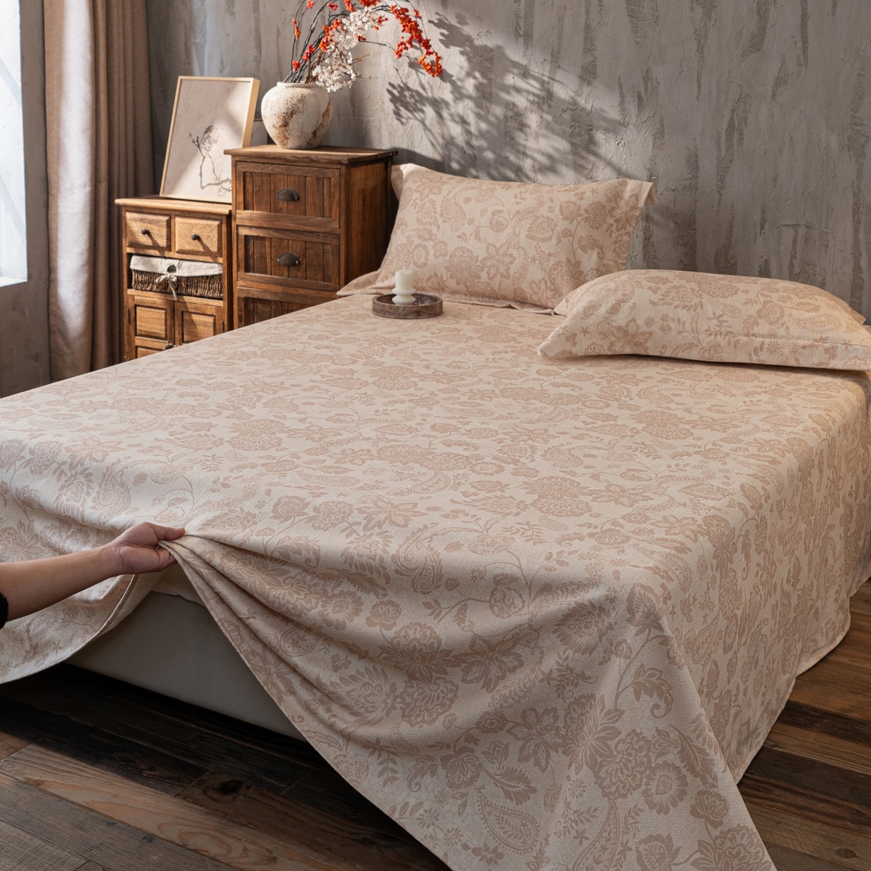 91家纺网 家纺一手货源 找家纺 凌云家纺 2026新款直播爆款复古风棉麻提花老粗布床单席子凉席三件套 宝相花