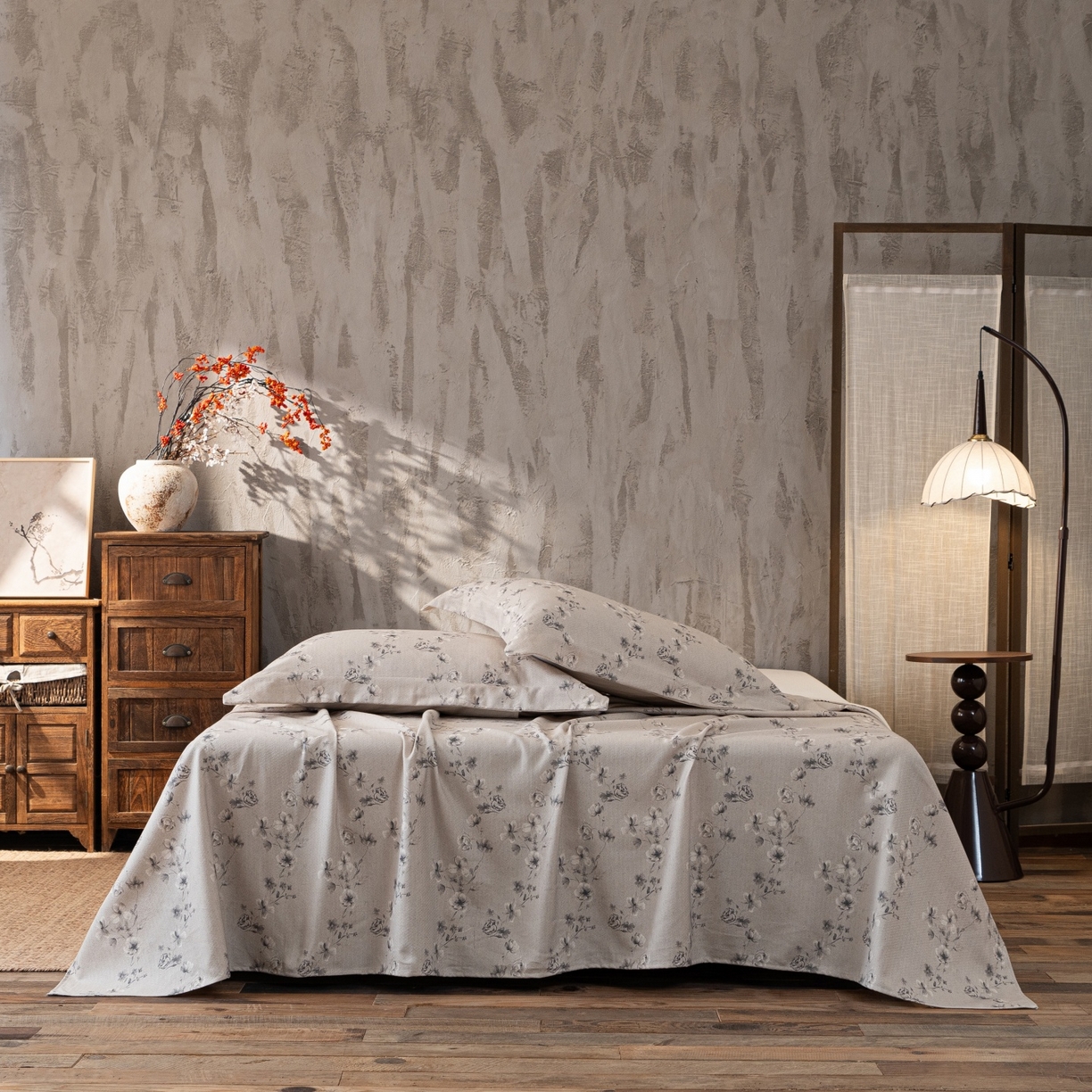 91家纺网 家纺一手货源 找家纺 凌云家纺 2026新款直播爆款复古风棉麻提花老粗布床单席子凉席三件套 墨梅