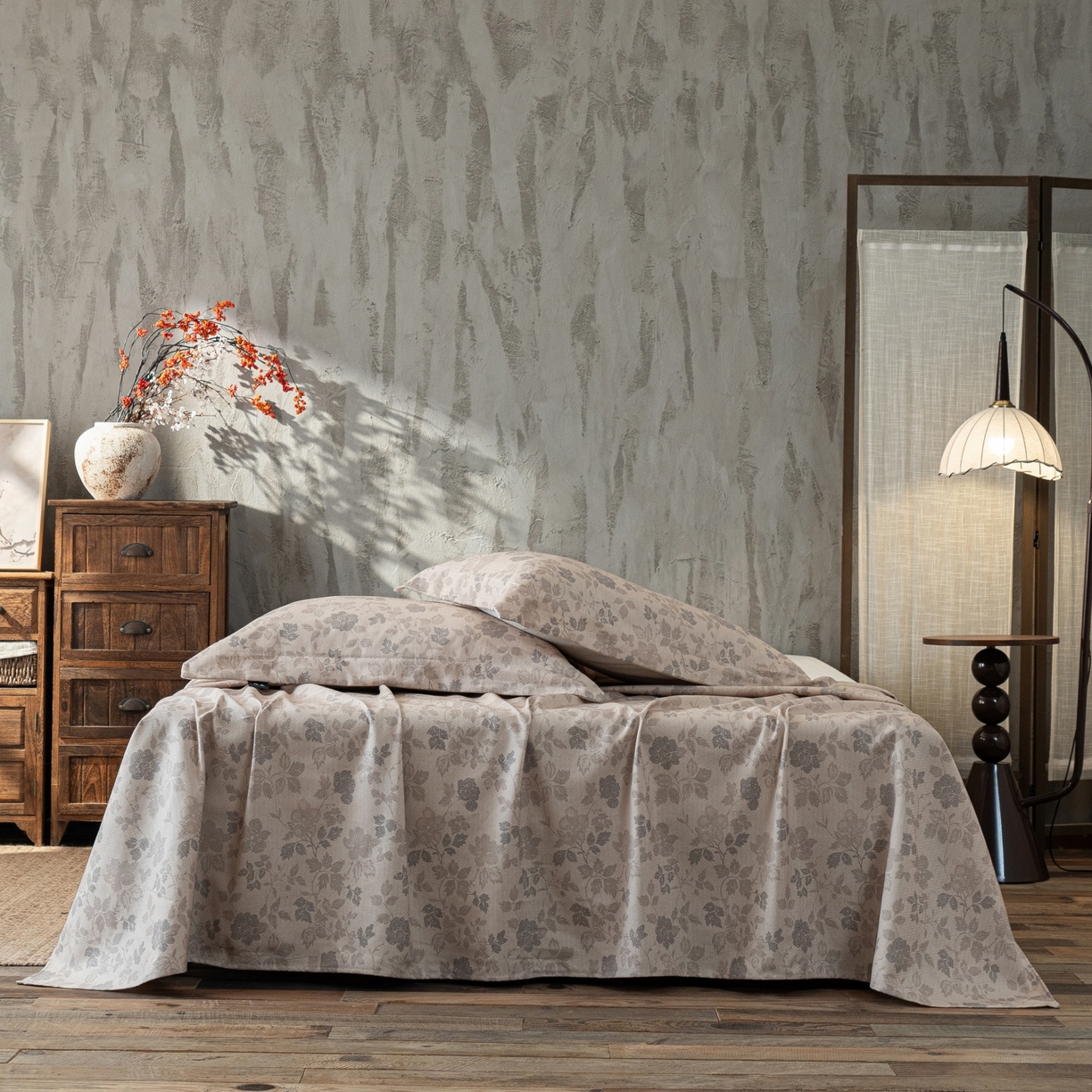 91家纺网 家纺一手货源 找家纺 凌云家纺 2026新款直播爆款复古风棉麻提花老粗布床单席子凉席三件套 藤花间