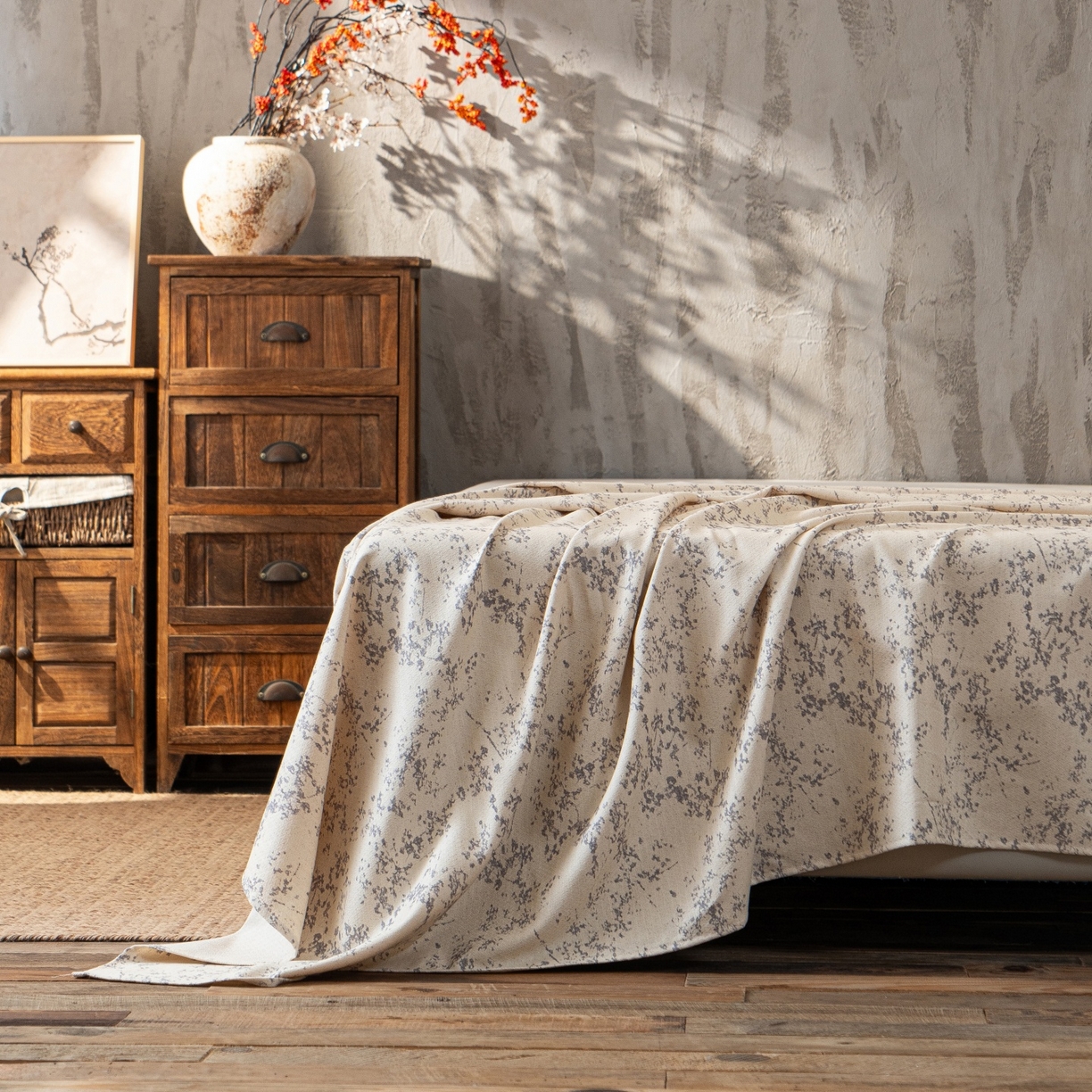 91家纺网 家纺一手货源 找家纺 凌云家纺 2026新款直播爆款复古风棉麻提花老粗布床单席子凉席三件套 冬梅枝语