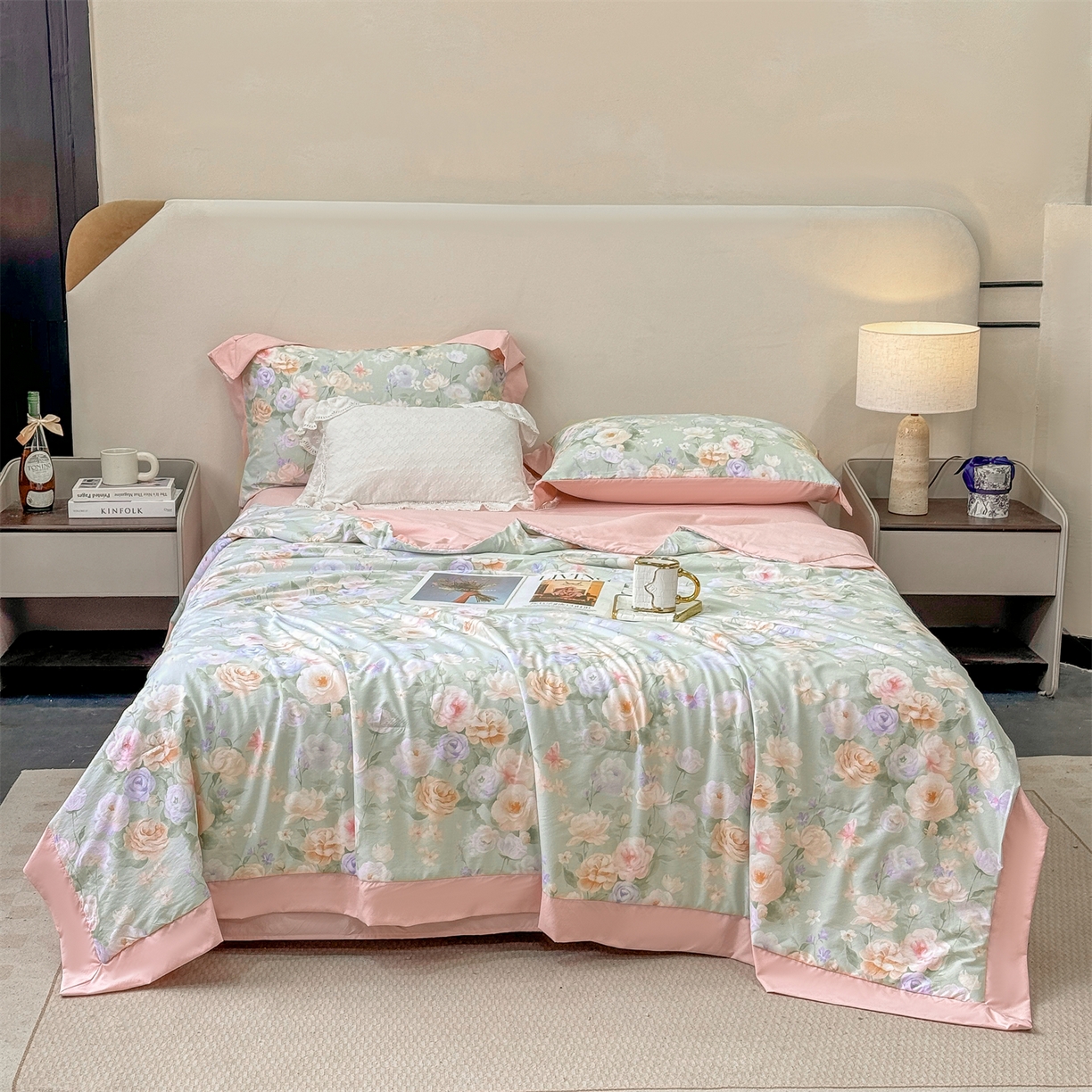 91家纺网 家纺一手货源 找家纺 慕木家纺 2026新款A类印花慕丝棉凉感夏被夏凉被空调被四件套 青妍+粉