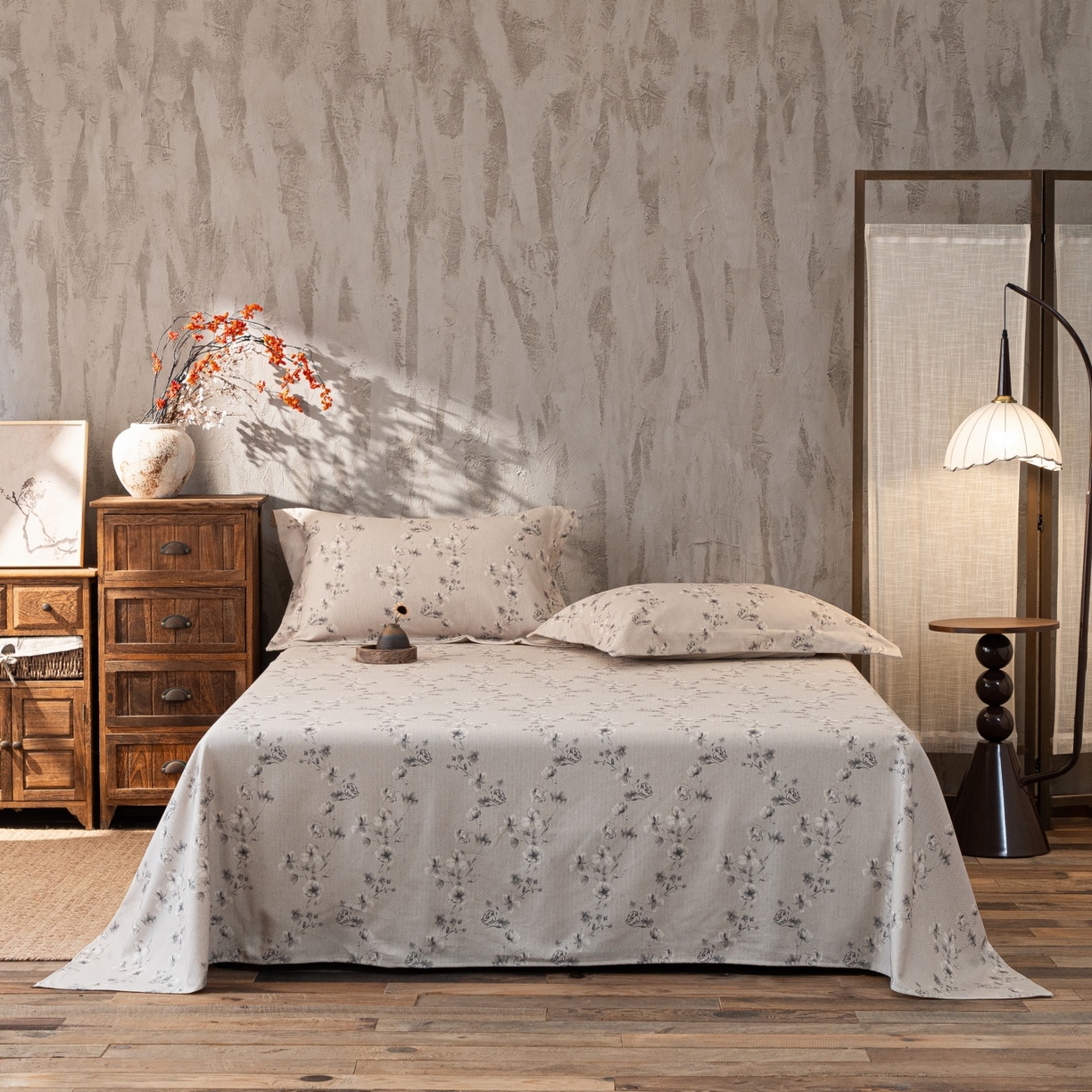 91家纺网 家纺一手货源 找家纺 凌云家纺 2026新款直播爆款复古风棉麻提花老粗布床单席子凉席三件套 墨梅