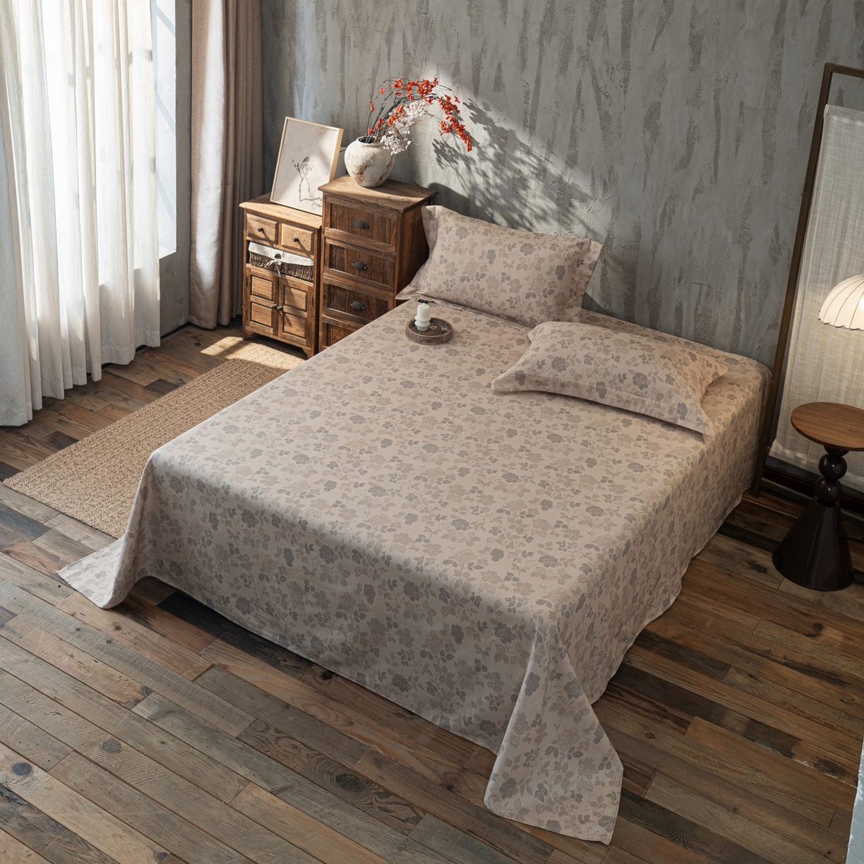 91家纺网 家纺一手货源 找家纺 凌云家纺 2026新款直播爆款复古风棉麻提花老粗布床单席子凉席三件套 藤花间