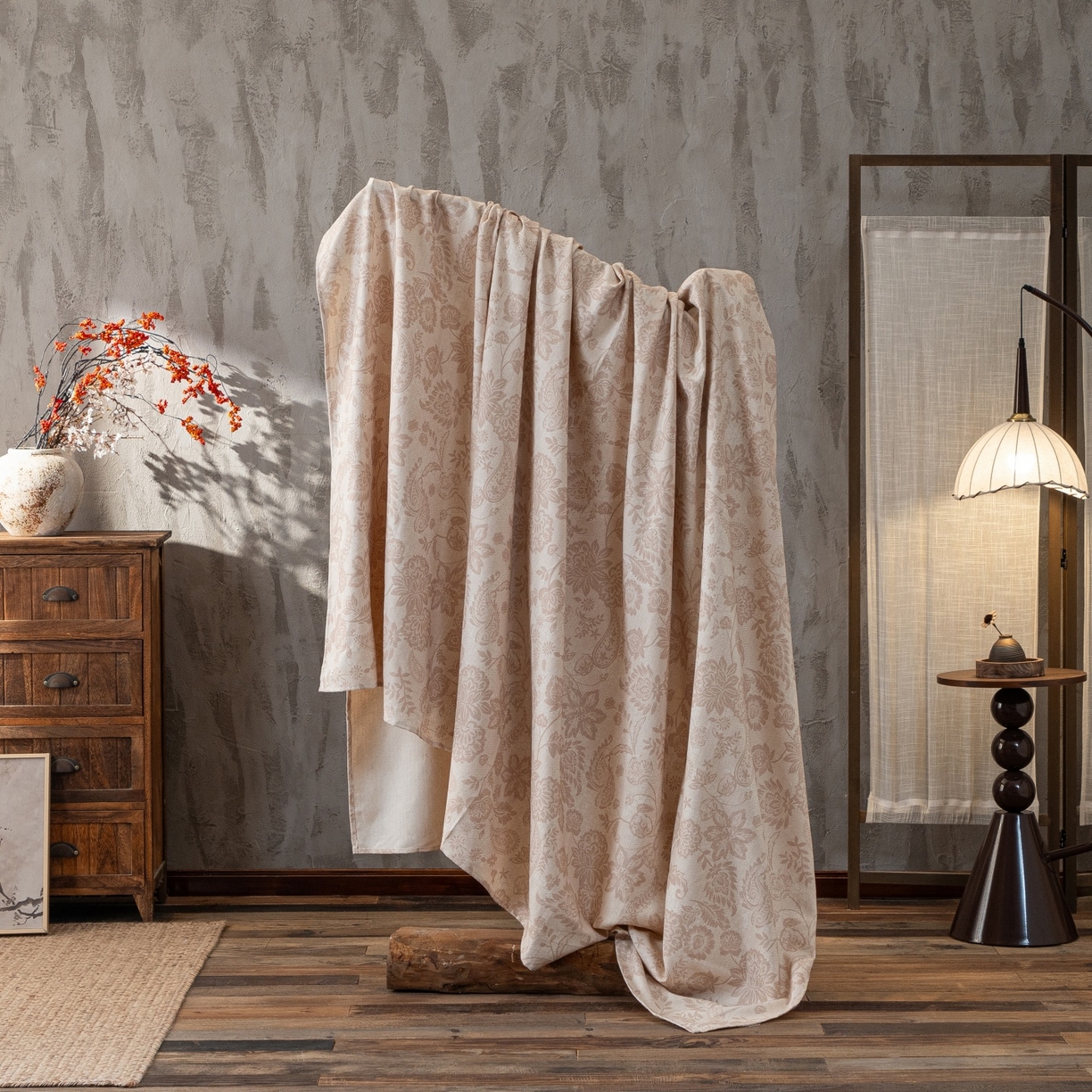 91家纺网 家纺一手货源 找家纺 凌云家纺 2026新款直播爆款复古风棉麻提花老粗布床单席子凉席三件套 宝相花