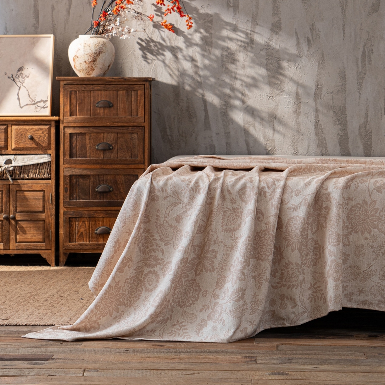 91家纺网 家纺一手货源 找家纺 凌云家纺 2026新款直播爆款复古风棉麻提花老粗布床单席子凉席三件套 宝相花