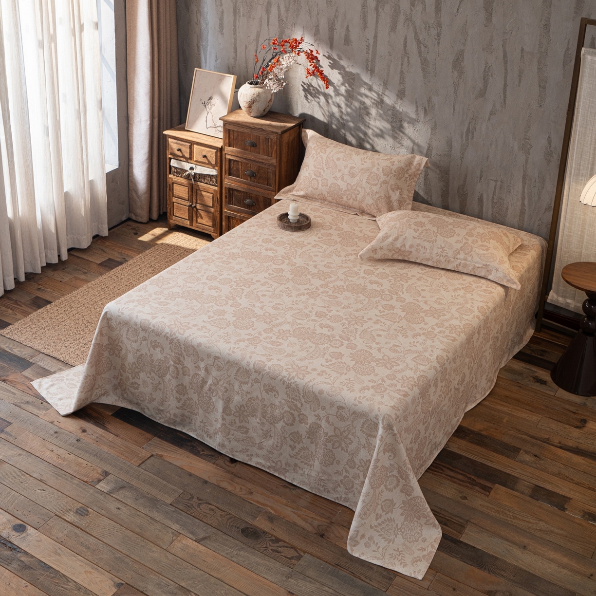 91家纺网 家纺一手货源 找家纺 凌云家纺 2026新款直播爆款复古风棉麻提花老粗布床单席子凉席三件套 宝相花