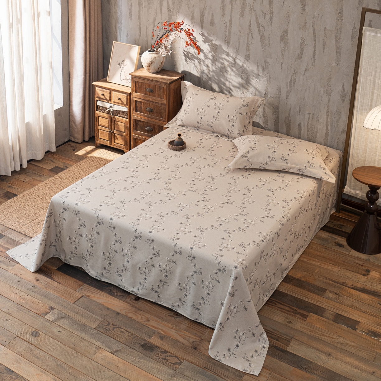 91家纺网 家纺一手货源 找家纺 凌云家纺 2026新款直播爆款复古风棉麻提花老粗布床单席子凉席三件套 墨梅