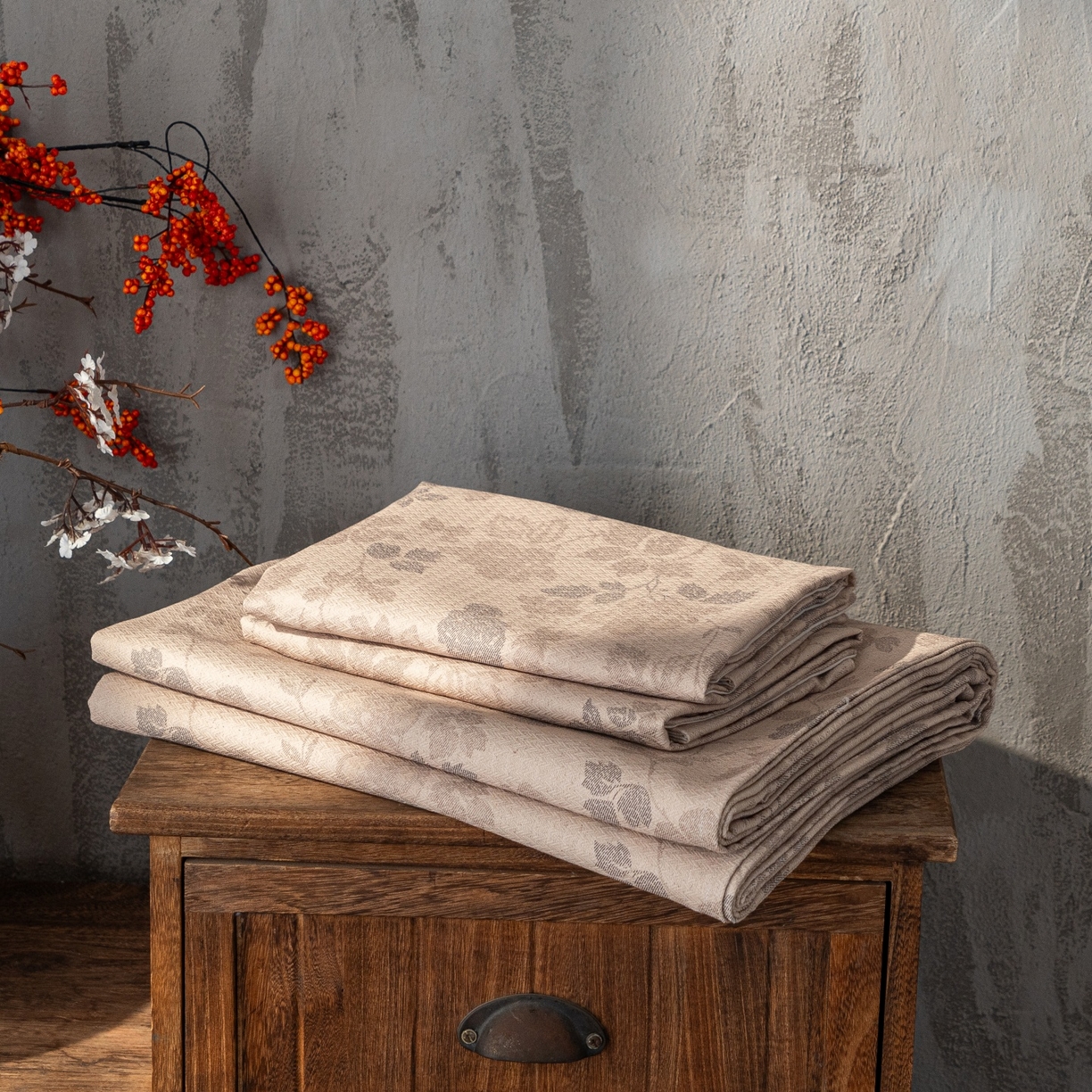 91家纺网 家纺一手货源 找家纺 凌云家纺 2026新款直播爆款复古风棉麻提花老粗布床单席子凉席三件套 藤花间