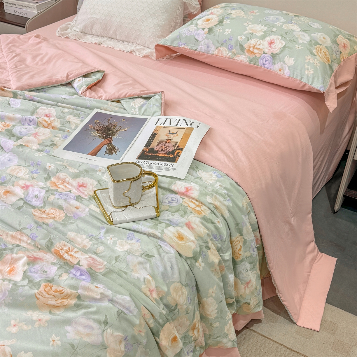 91家纺网 家纺一手货源 找家纺 慕木家纺 2026新款A类印花慕丝棉凉感夏被夏凉被空调被四件套 青妍+粉