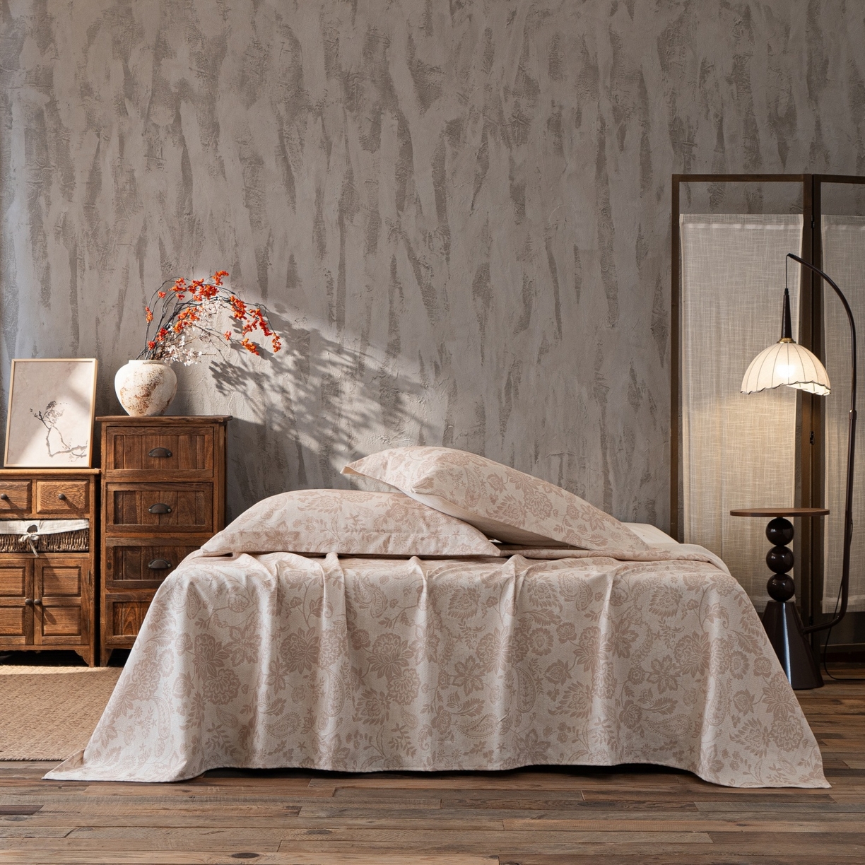 91家纺网 家纺一手货源 找家纺 凌云家纺 2026新款直播爆款复古风棉麻提花老粗布床单席子凉席三件套 宝相花