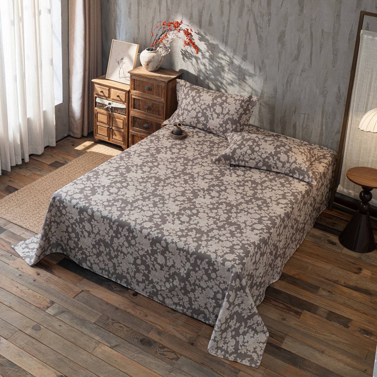 91家纺网 家纺一手货源 找家纺 凌云家纺 2026新款直播爆款复古风棉麻提花老粗布床单席子凉席三件套 月季锦簇