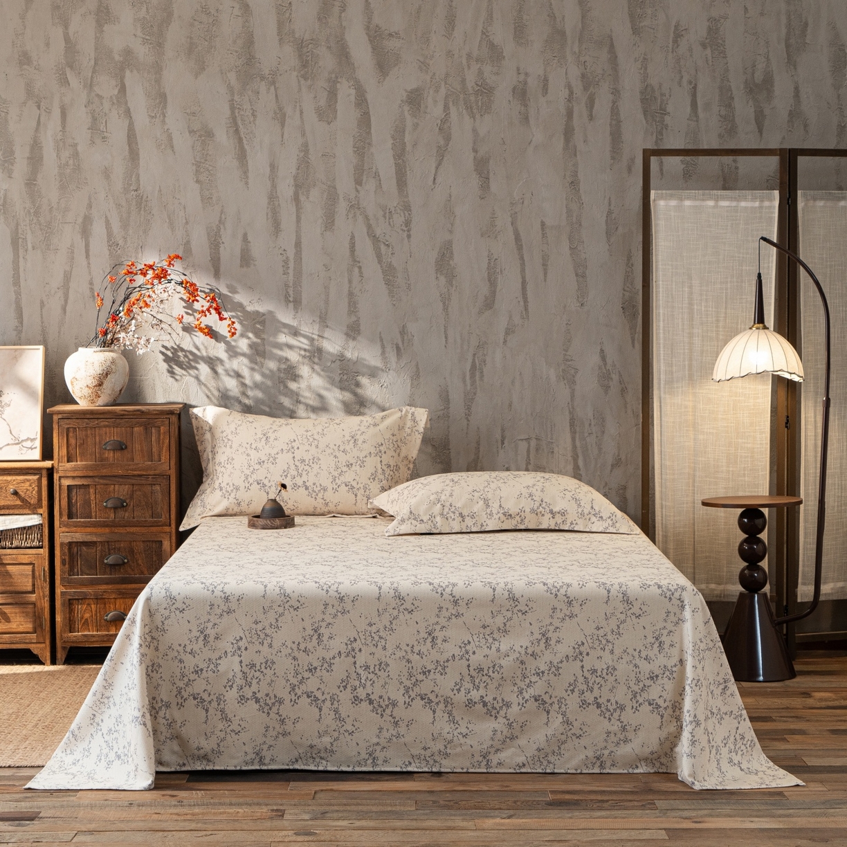 91家纺网 家纺一手货源 找家纺 凌云家纺 2026新款直播爆款复古风棉麻提花老粗布床单席子凉席三件套 冬梅枝语