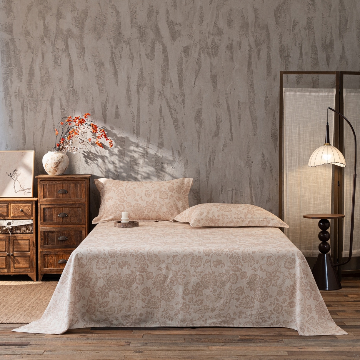 91家纺网 家纺一手货源 找家纺 凌云家纺 2026新款直播爆款复古风棉麻提花老粗布床单席子凉席三件套 宝相花