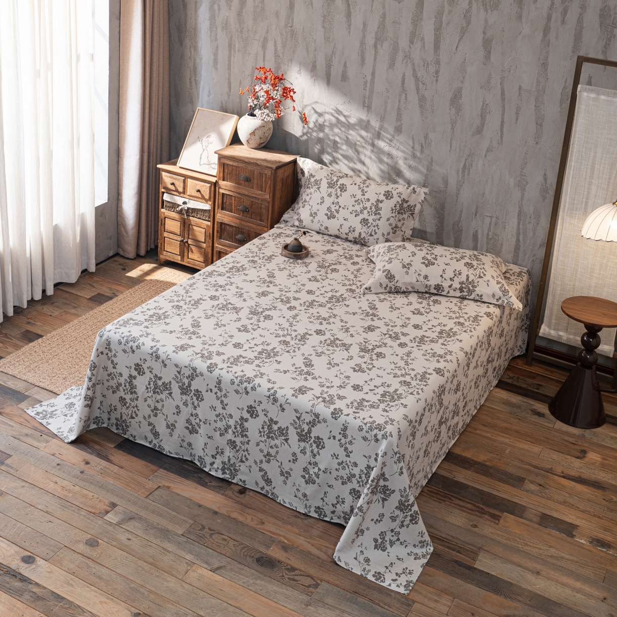 91家纺网 家纺一手货源 找家纺 凌云家纺 2026新款直播爆款复古风棉麻提花老粗布床单席子凉席三件套 暗香