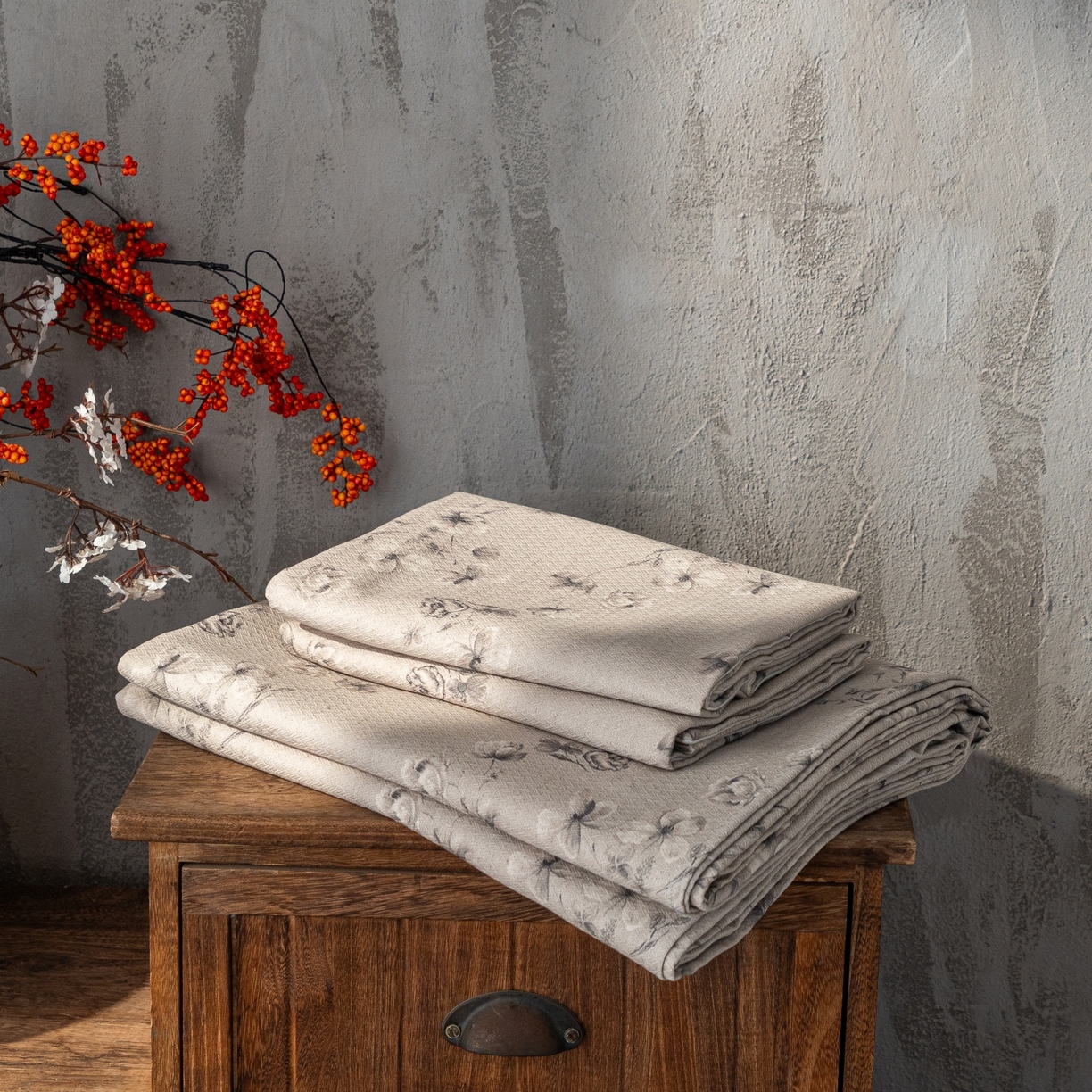 91家纺网 家纺一手货源 找家纺 凌云家纺 2026新款直播爆款复古风棉麻提花老粗布床单席子凉席三件套 墨梅