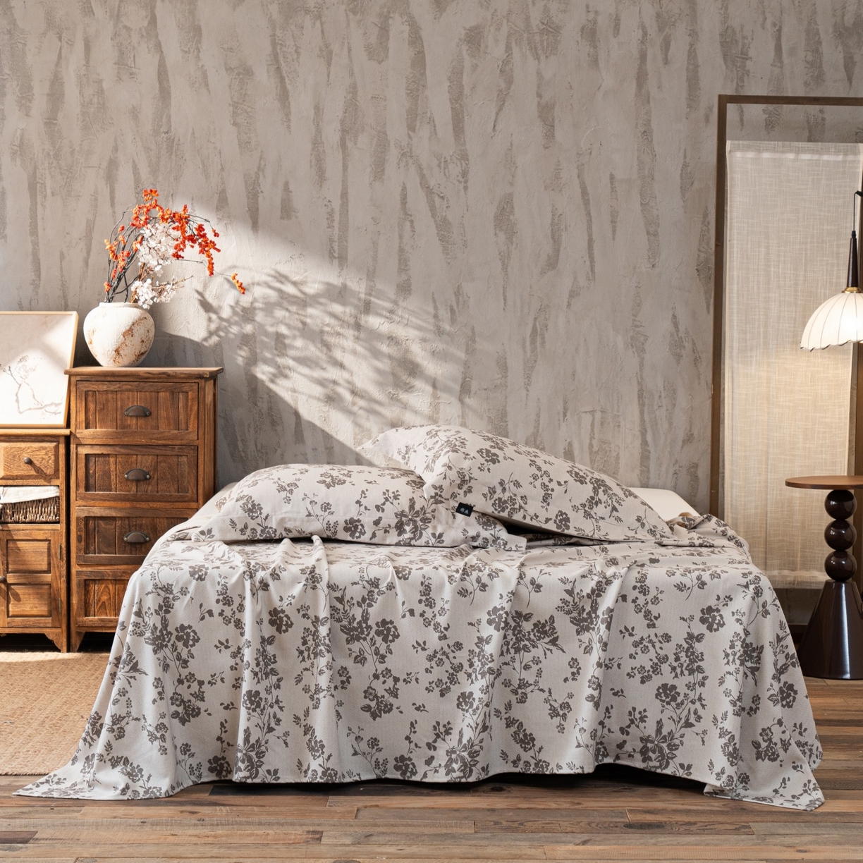 91家纺网 家纺一手货源 找家纺 凌云家纺 2026新款直播爆款复古风棉麻提花老粗布床单席子凉席三件套 暗香