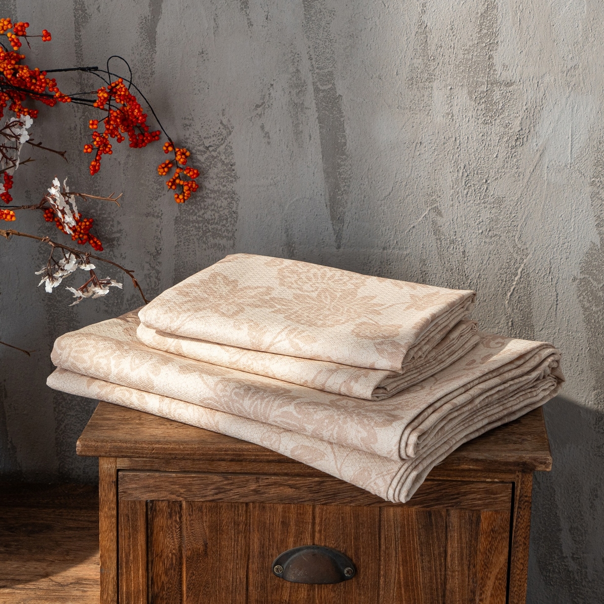 91家纺网 家纺一手货源 找家纺 凌云家纺 2026新款直播爆款复古风棉麻提花老粗布床单席子凉席三件套 宝相花