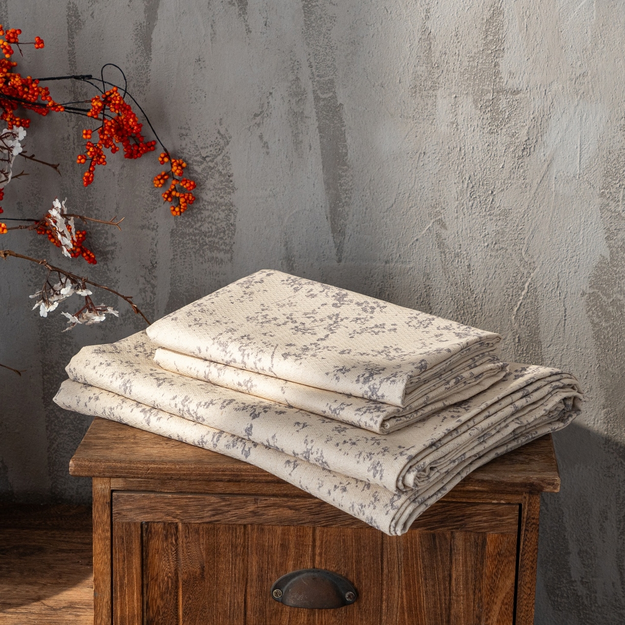 91家纺网 家纺一手货源 找家纺 凌云家纺 2026新款直播爆款复古风棉麻提花老粗布床单席子凉席三件套 冬梅枝语