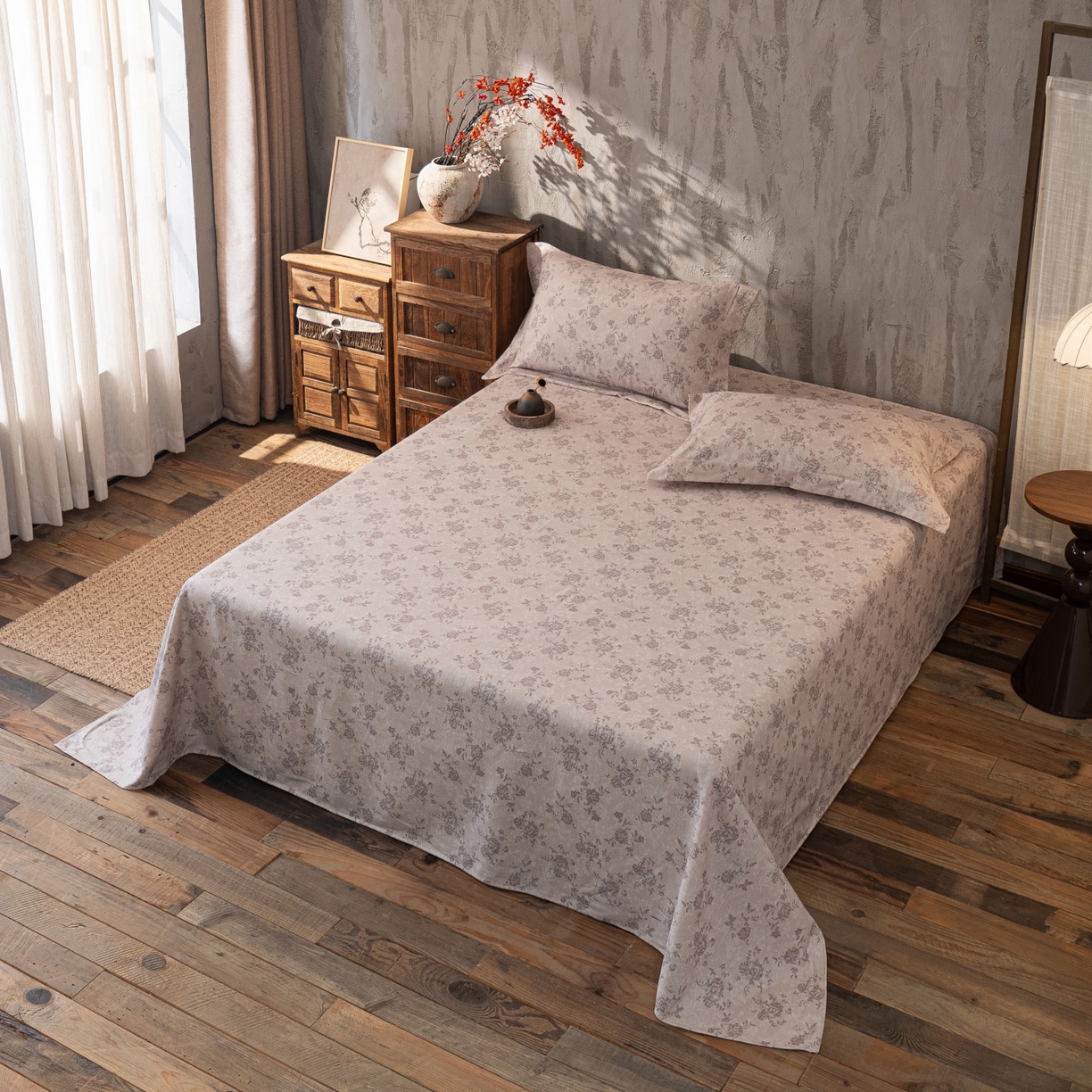 91家纺网 家纺一手货源 找家纺 凌云家纺 2026新款直播爆款复古风棉麻提花老粗布床单席子凉席三件套 曼塔玫瑰