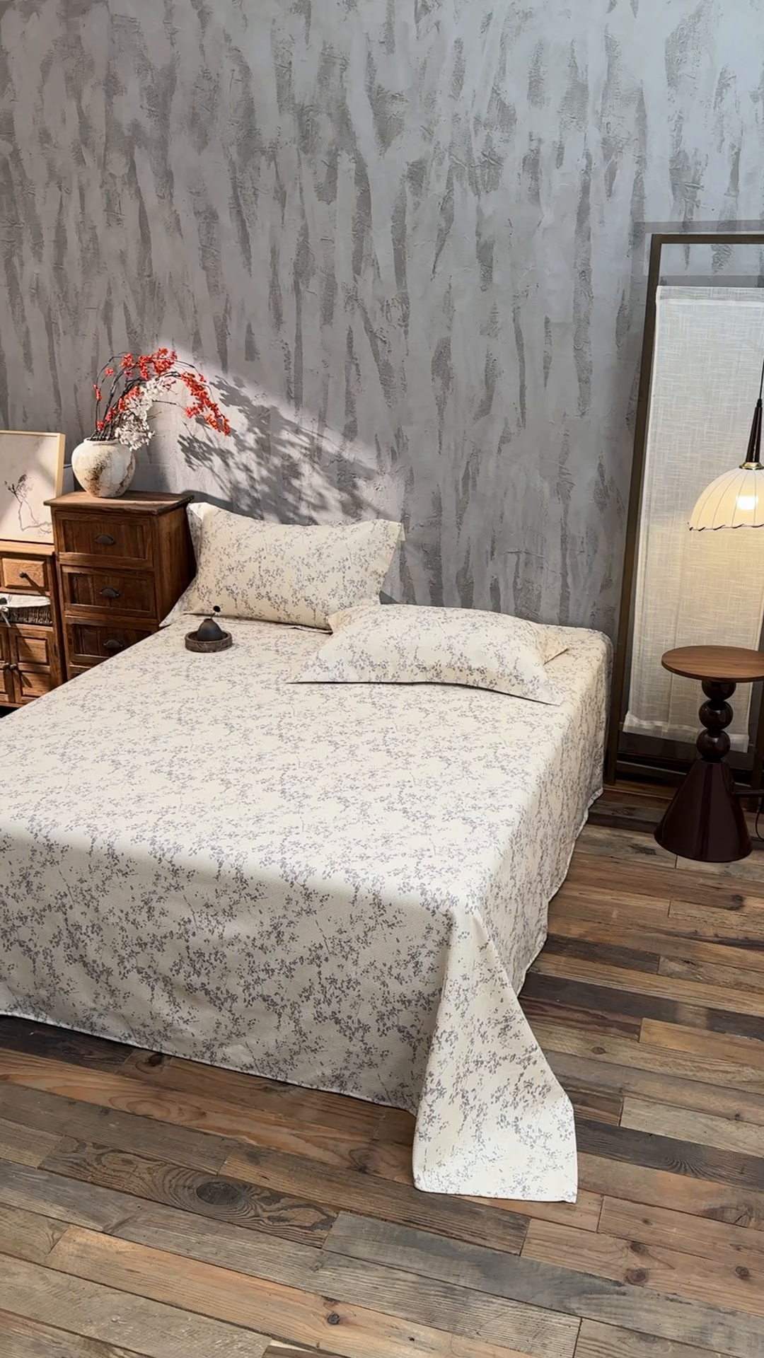 91家纺网 家纺一手货源 找家纺 凌云家纺 2026新款直播爆款复古风棉麻提花老粗布床单席子凉席三件套 冬梅枝语