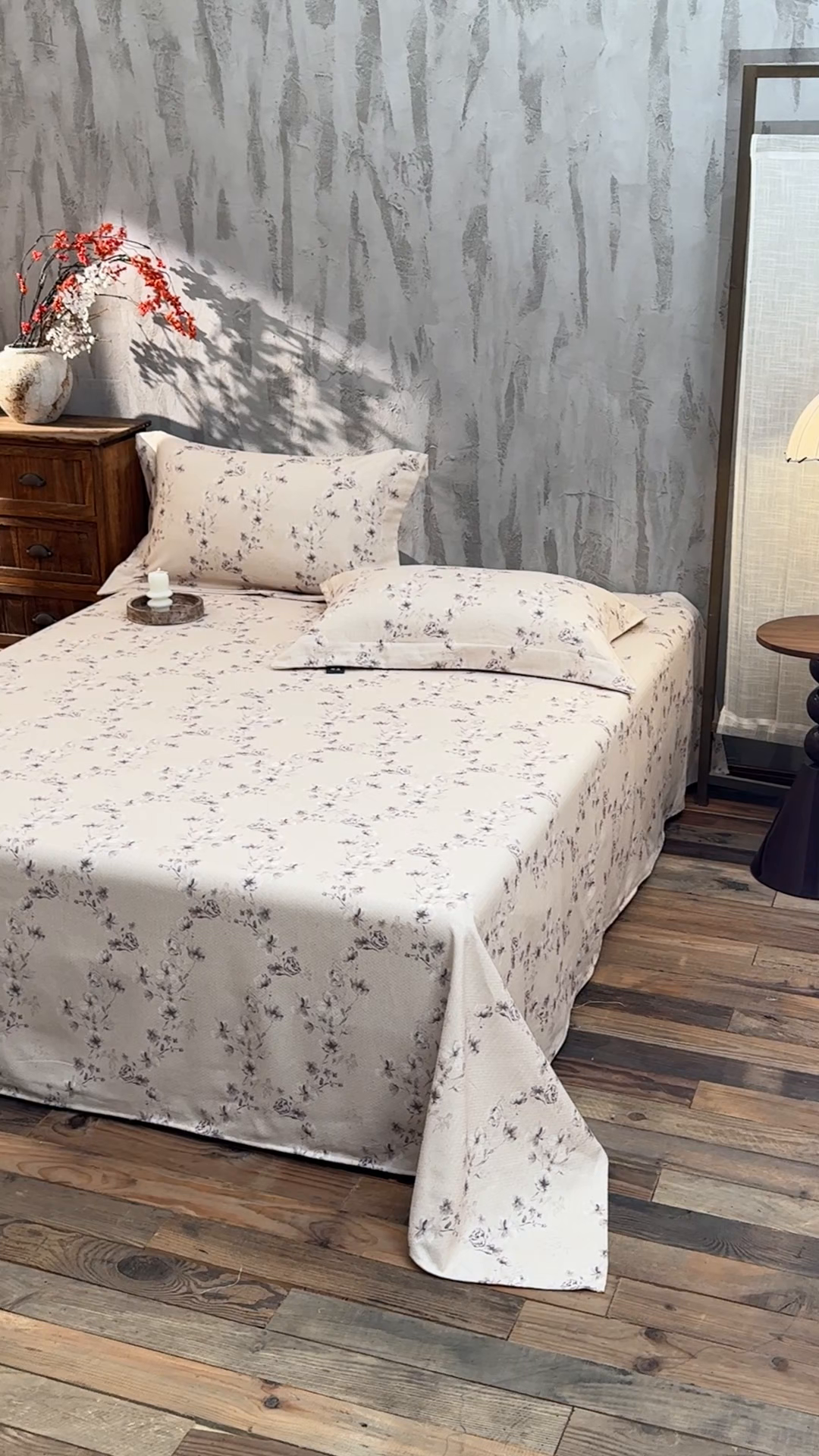 91家纺网 家纺一手货源 找家纺 凌云家纺 2026新款直播爆款复古风棉麻提花老粗布床单席子凉席三件套 墨梅