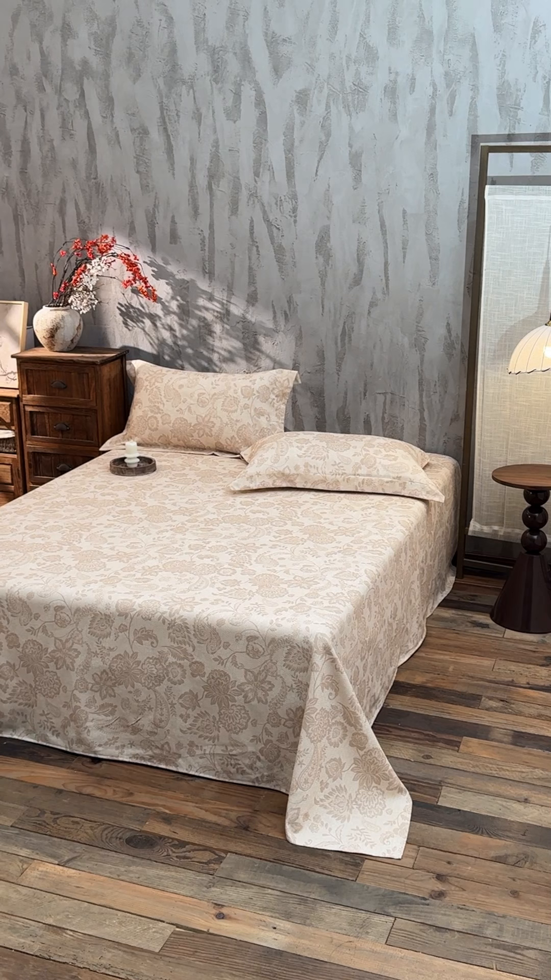 91家纺网 家纺一手货源 找家纺 凌云家纺 2026新款直播爆款复古风棉麻提花老粗布床单席子凉席三件套 宝相花