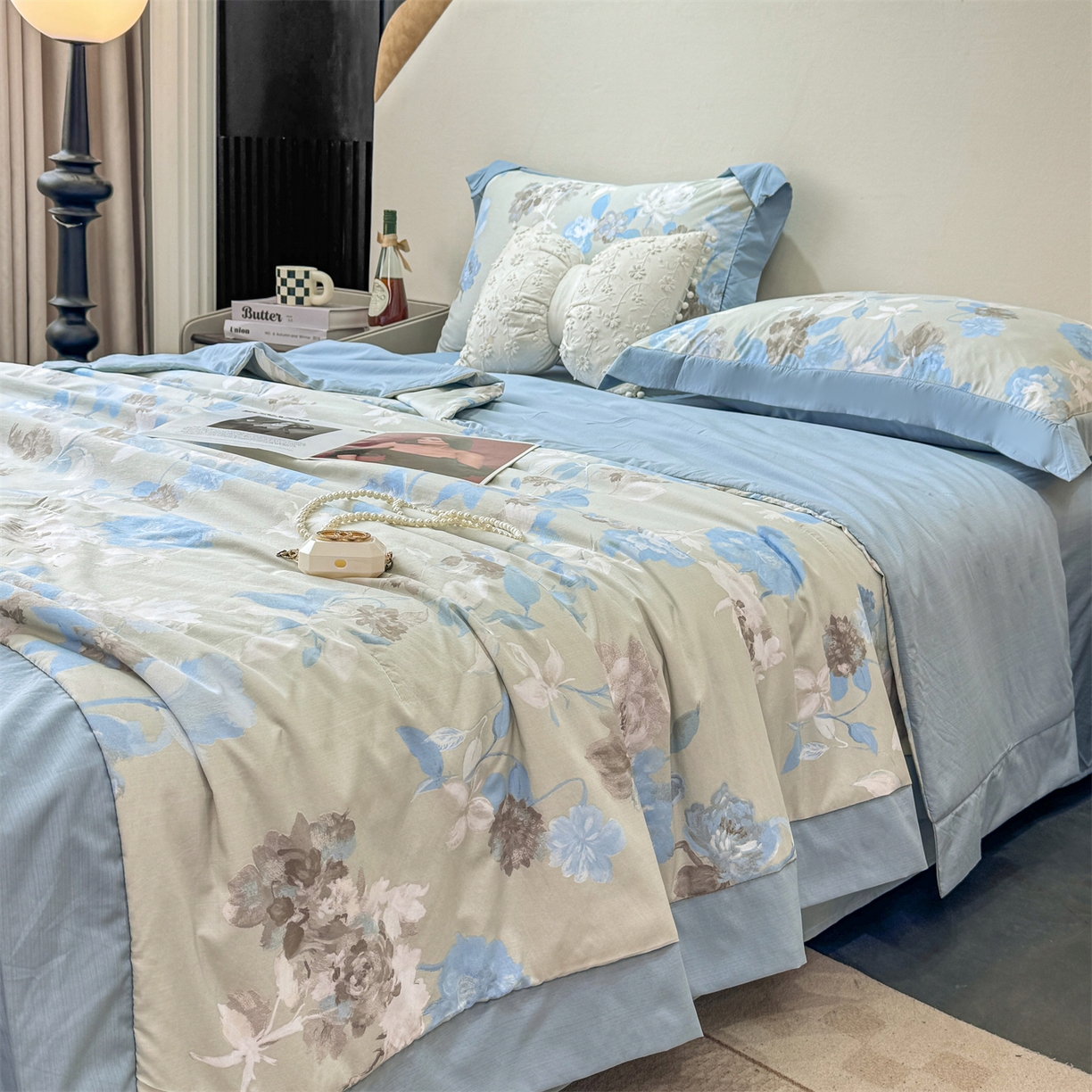 91家纺网 家纺一手货源 找家纺 慕木家纺 2026新款A类印花慕丝棉凉感夏被夏凉被空调被四件套 蓝漪+蓝