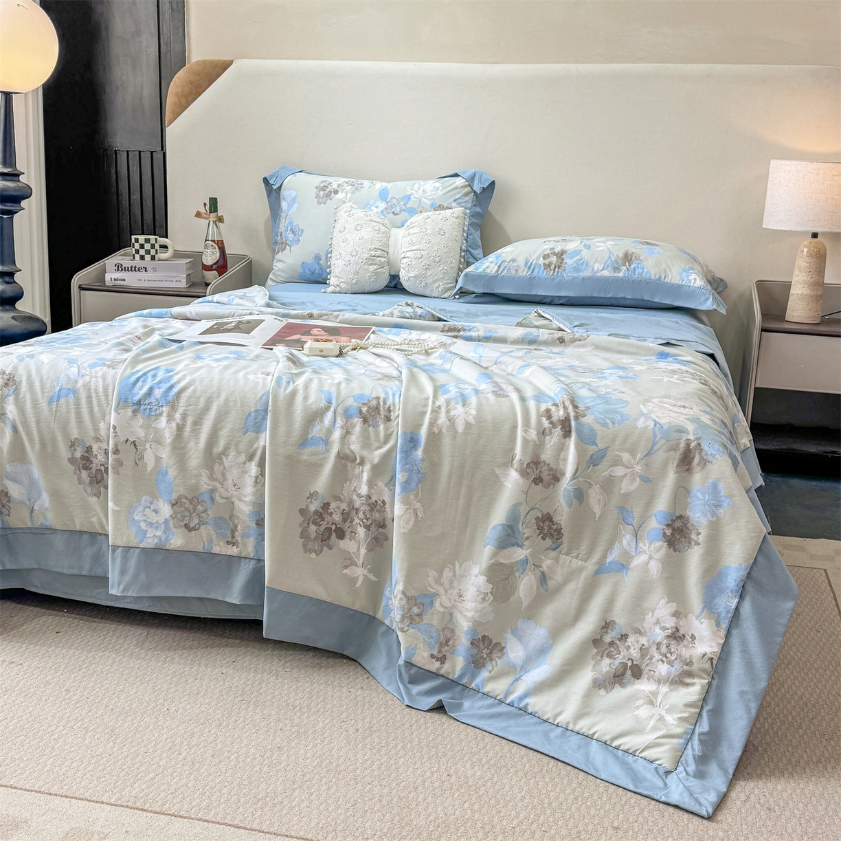 91家纺网 家纺一手货源 找家纺 慕木家纺 2026新款A类印花慕丝棉凉感夏被夏凉被空调被四件套 蓝漪+蓝