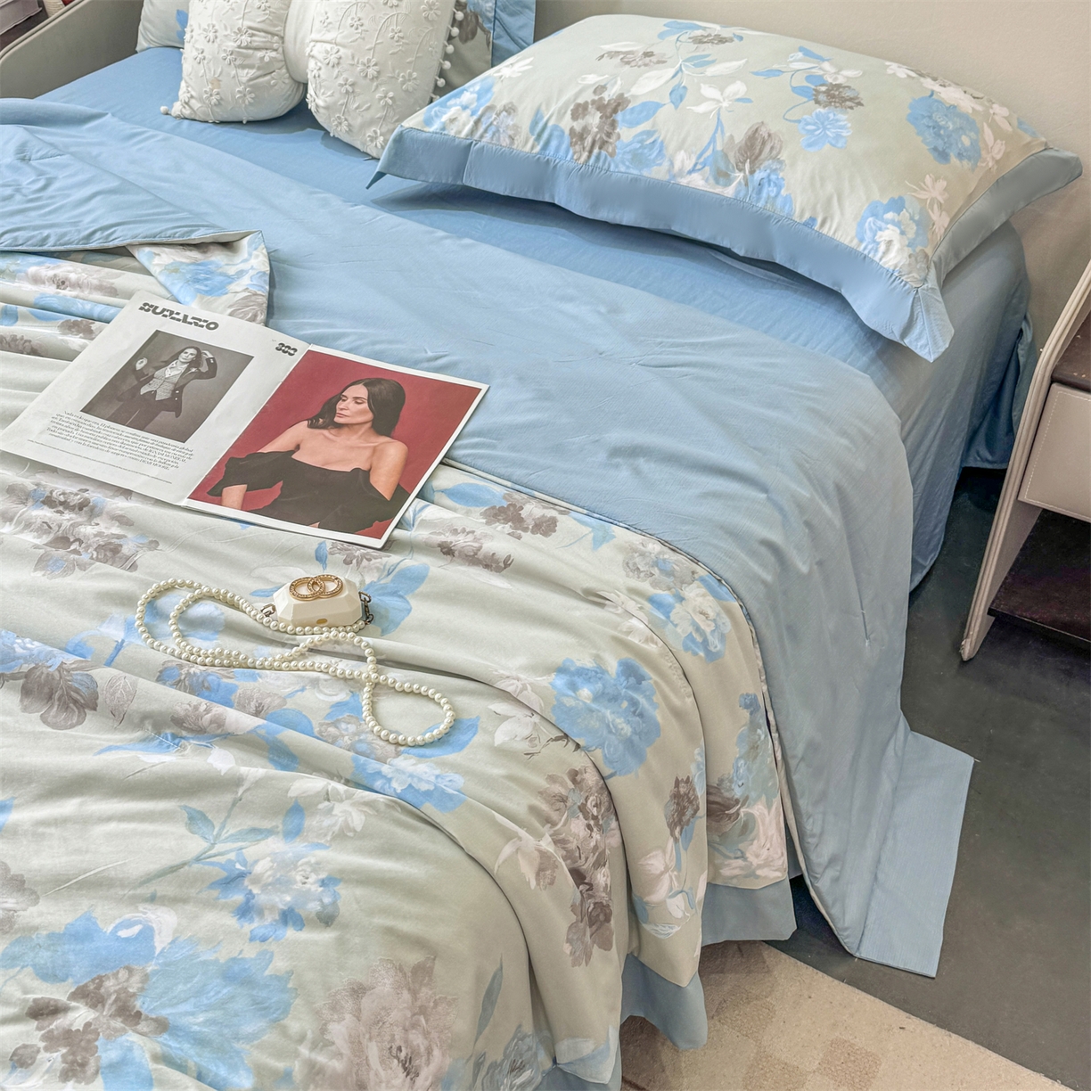 91家纺网 家纺一手货源 找家纺 慕木家纺 2026新款A类印花慕丝棉凉感夏被夏凉被空调被四件套 蓝漪+蓝