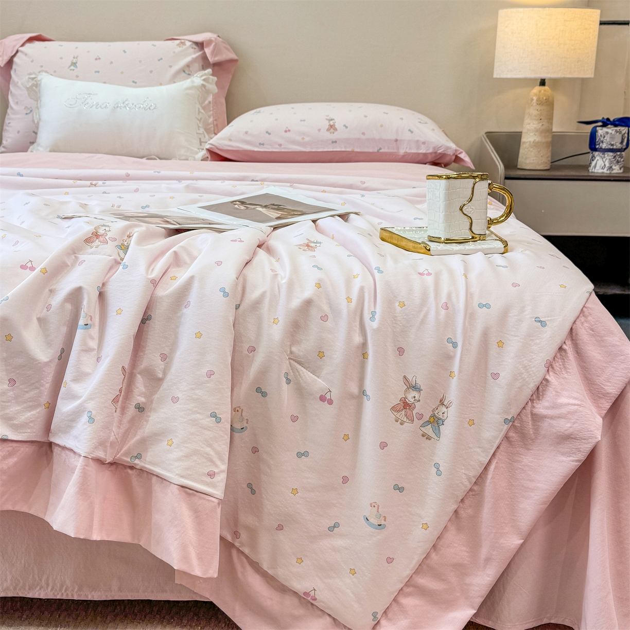 慕木家纺 2026新款A类印花慕丝棉凉感夏被夏凉被空调被四件套 星心兔语+粉