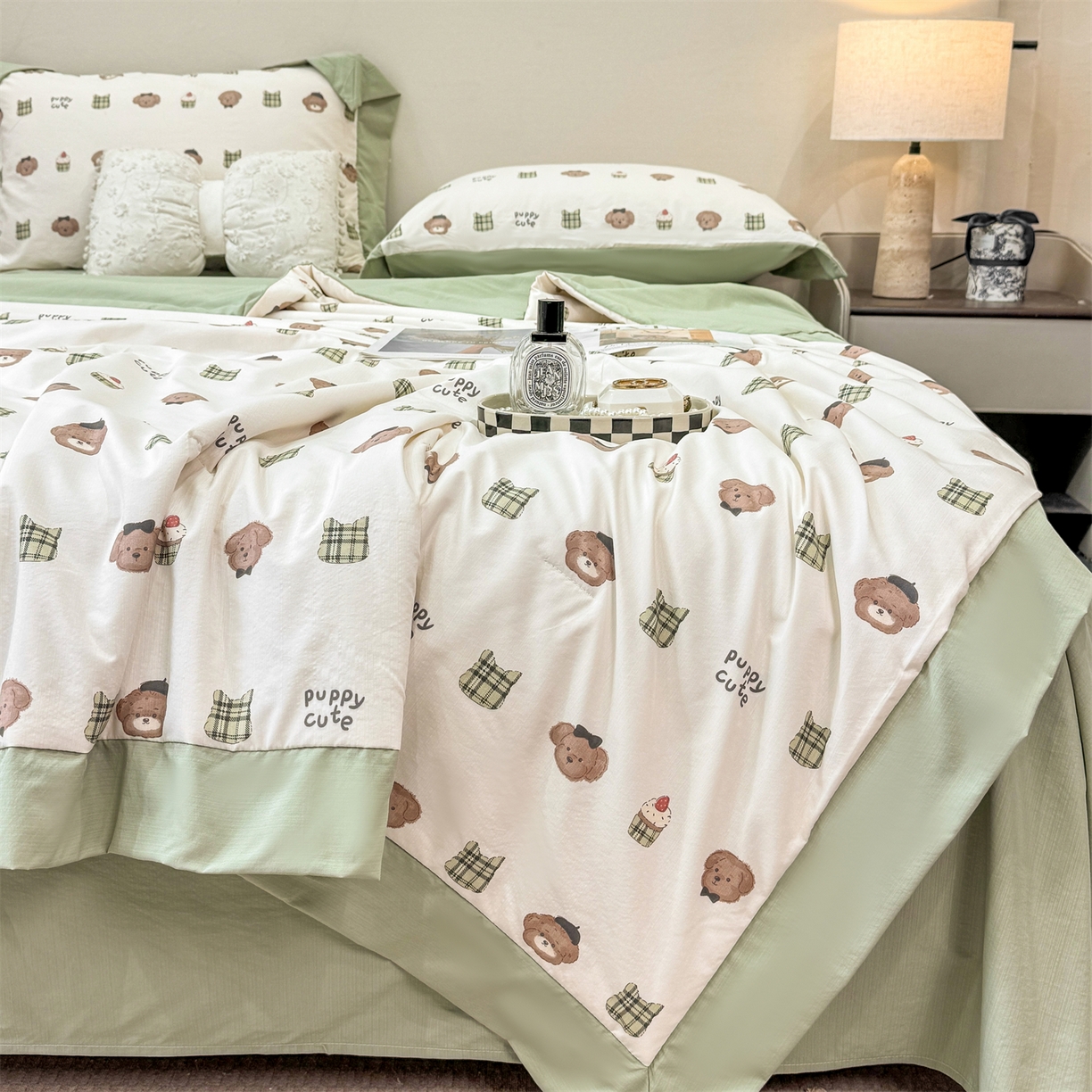 慕木家纺 2026新款A类印花慕丝棉凉感夏被夏凉被空调被四件套 蛋糕熊+绿