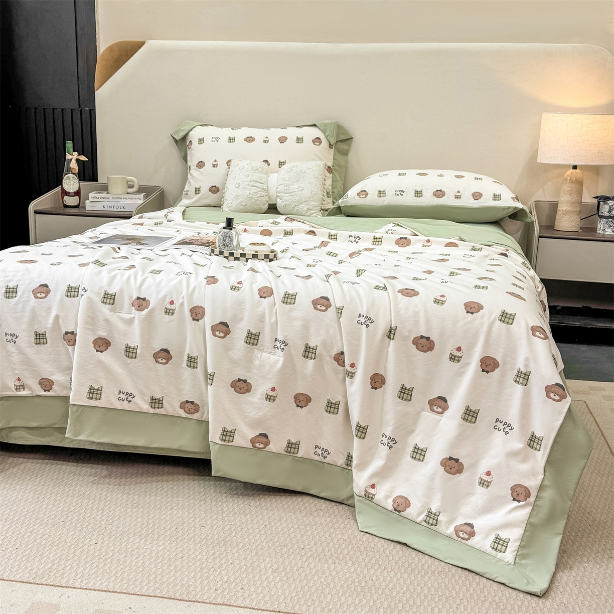 91家纺网 家纺一手货源 找家纺 慕木家纺 2026新款A类印花慕丝棉凉感夏被夏凉被空调被四件套 蛋糕熊+绿