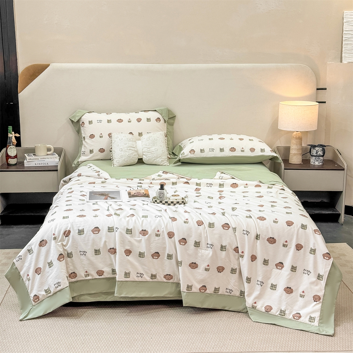 91家纺网 家纺一手货源 找家纺 慕木家纺 2026新款A类印花慕丝棉凉感夏被夏凉被空调被四件套 蛋糕熊+绿