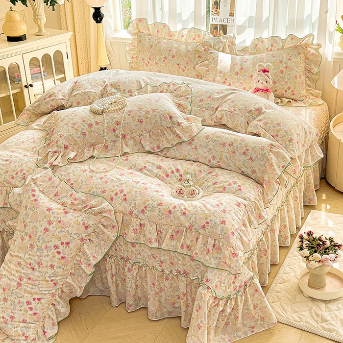 91家纺网 家纺一手货源 找家纺 （总）孟鑫家纺 2026韩版法式公主风水洗棉床盖款多功能二合一被套 夏被床盖四件套-小清新系列