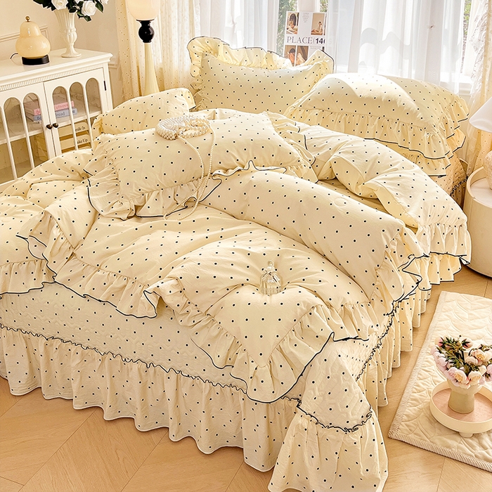 91家纺网 家纺一手货源 找家纺 孟鑫家纺 2026韩版法式公主风水洗棉床盖款多功能二合一被套 夏被床盖四件套-小清新系列 波点