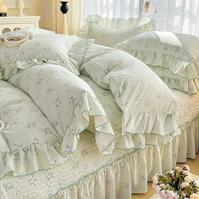 91家纺网 家纺一手货源 找家纺 孟鑫家纺 2026韩版法式公主风水洗棉床盖款多功能二合一被套 夏被床盖四件套-小清新系列 零星花枝