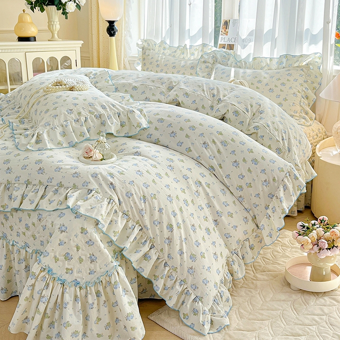 91家纺网 家纺一手货源 找家纺 孟鑫家纺 2026韩版法式公主风水洗棉床盖款多功能二合一被套 夏被床盖四件套-小清新系列 莫奈花园