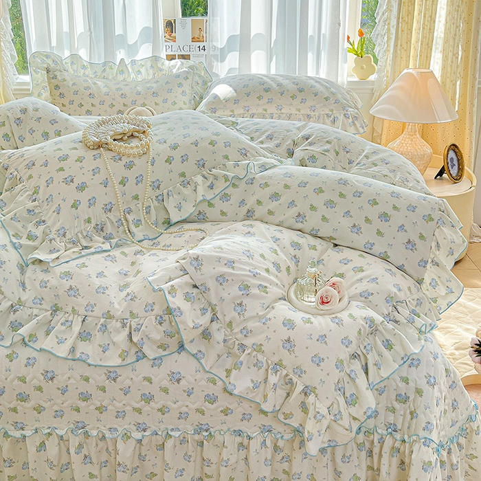 91家纺网 家纺一手货源 找家纺 孟鑫家纺 2026韩版法式公主风水洗棉床盖款多功能二合一被套 夏被床盖四件套-小清新系列 莫奈花园