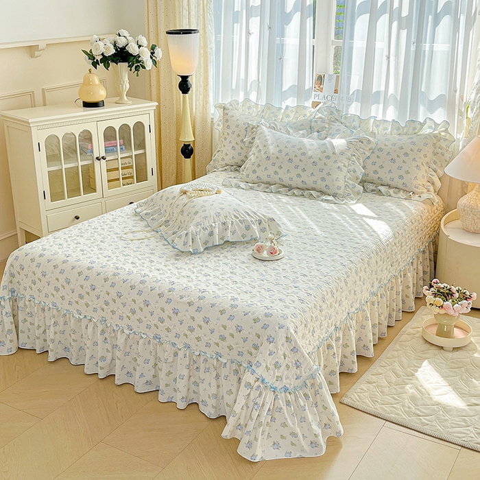 91家纺网 家纺一手货源 找家纺 孟鑫家纺 2026韩版法式公主风水洗棉床盖款多功能二合一被套 夏被床盖四件套-小清新系列 莫奈花园