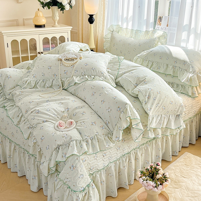 91家纺网 家纺一手货源 找家纺 孟鑫家纺 2026韩版法式公主风水洗棉床盖款多功能二合一被套 夏被床盖四件套-小清新系列 零星花枝