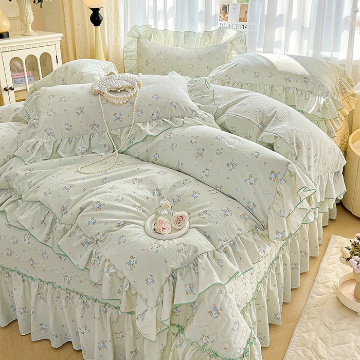 91家纺网 家纺一手货源 找家纺 孟鑫家纺 2026韩版法式公主风水洗棉床盖款多功能二合一被套 夏被床盖四件套-小清新系列 零星花枝