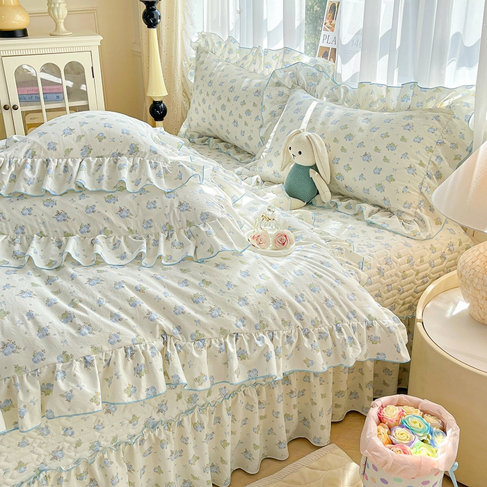 91家纺网 家纺一手货源 找家纺 孟鑫家纺 2026韩版法式公主风水洗棉床盖款多功能二合一被套 夏被床盖四件套-小清新系列 莫奈花园