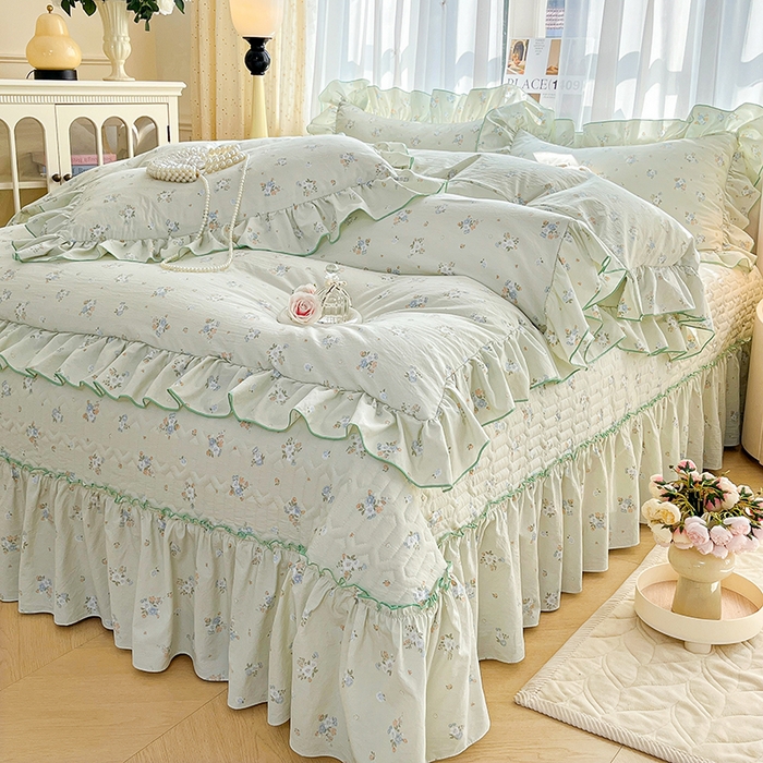 91家纺网 家纺一手货源 找家纺 孟鑫家纺 2026韩版法式公主风水洗棉床盖款多功能二合一被套 夏被床盖四件套-小清新系列 零星花枝