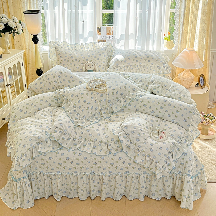 91家纺网 家纺一手货源 找家纺 孟鑫家纺 2026韩版法式公主风水洗棉床盖款多功能二合一被套 夏被床盖四件套-小清新系列 莫奈花园