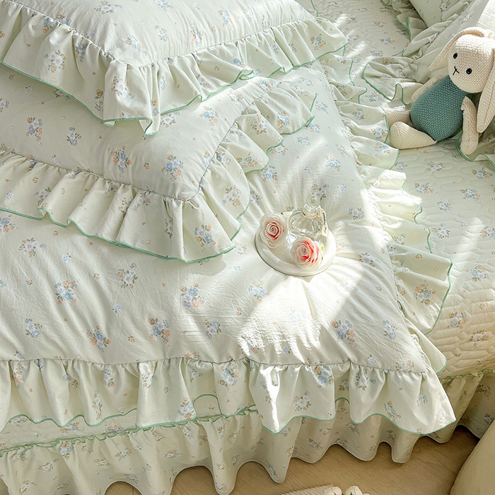 91家纺网 家纺一手货源 找家纺 孟鑫家纺 2026韩版法式公主风水洗棉床盖款多功能二合一被套 夏被床盖四件套-小清新系列 零星花枝