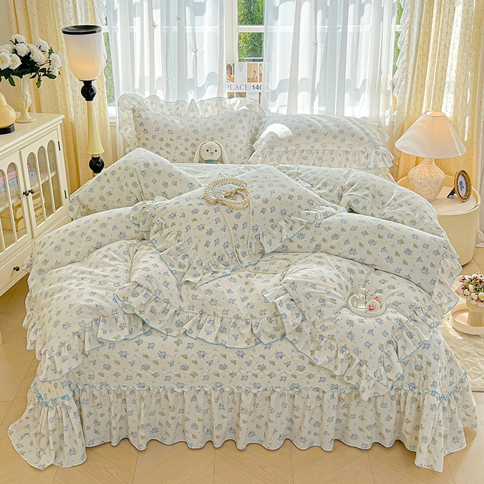 91家纺网 家纺一手货源 找家纺 孟鑫家纺 2026韩版法式公主风水洗棉床盖款多功能二合一被套 夏被床盖四件套-小清新系列 莫奈花园